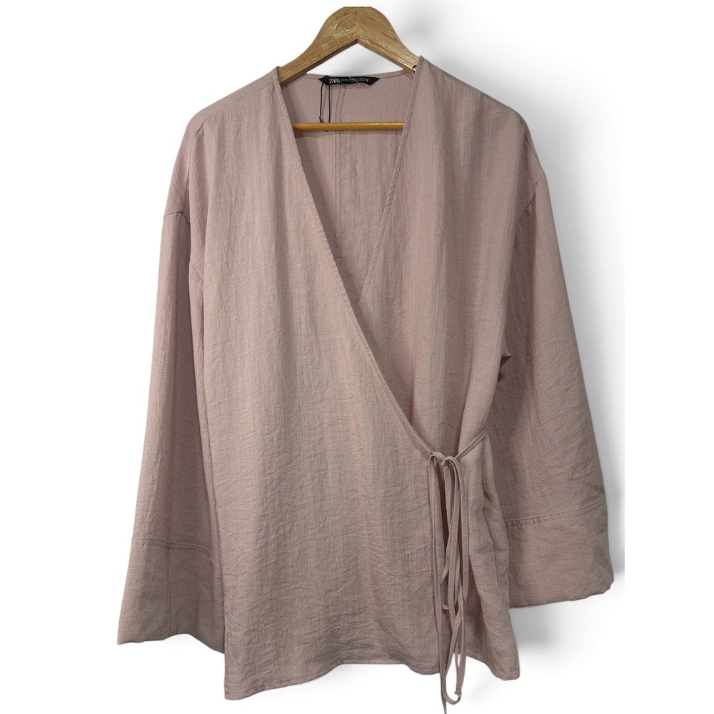 Zara Women Blush Pink Linen Blend Wrap Top Long Sleeve Kimono Style NWOT Medium - Picture 3 of 14